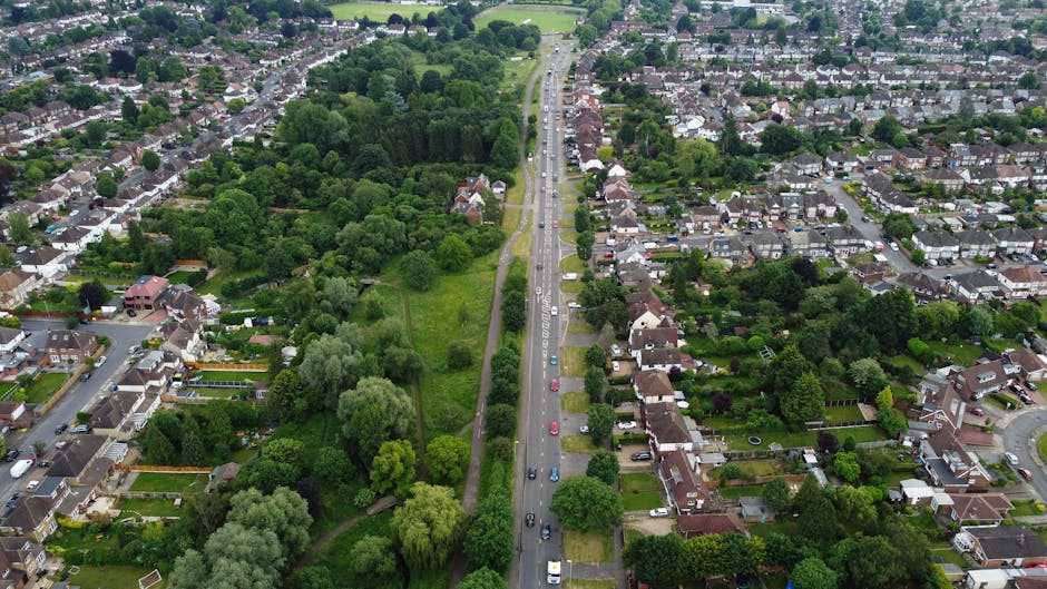 An aerial view of a residential neighbourhood near Palewell Park, East Sheen, showing a main road with cars parked along both sides, lined by houses with gardens. To the left of the road, there is a large green park area densely filled with trees and shrubs, with pathways winding through the foliage. The houses vary in style, with some having driveways and others with front gardens surrounded by fencing or hedges. The image captures a moment during a home relocation or moving process, where a man with a van is likely involved in furniture transport or packing and moving activities, with the vehicle parked on or near the pavement. The scene is well-lit, indicating daytime, and depicts the typical environment associated with house removals services in East Sheen, focused on careful loading or unloading of household items within a structured, suburban setting.