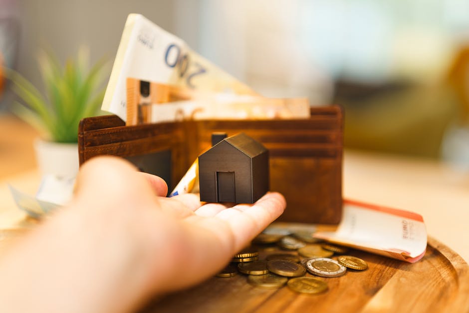 A close-up view of a person's hand holding a miniature black house figurine, positioned in front of a brown wooden wallet containing folded 20-pound banknotes. The wallet is placed on a wooden surface with scattered coins, including British pounds and pence, reflecting a modest sum. In the background, a small potted plant with green leaves adds a touch of decor, and the scene is set indoors with soft, natural lighting. This image captures elements related to home finance, budgeting, and preparations for a move, indicative of the packing and moving process. The setting may be associated with services provided by Man with Van East Sheen, specializing in removals and house relocation services, with an emphasis on managing moving costs and logistics for East Sheen residents.